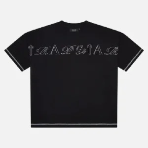 Black patchwork text T-shirt